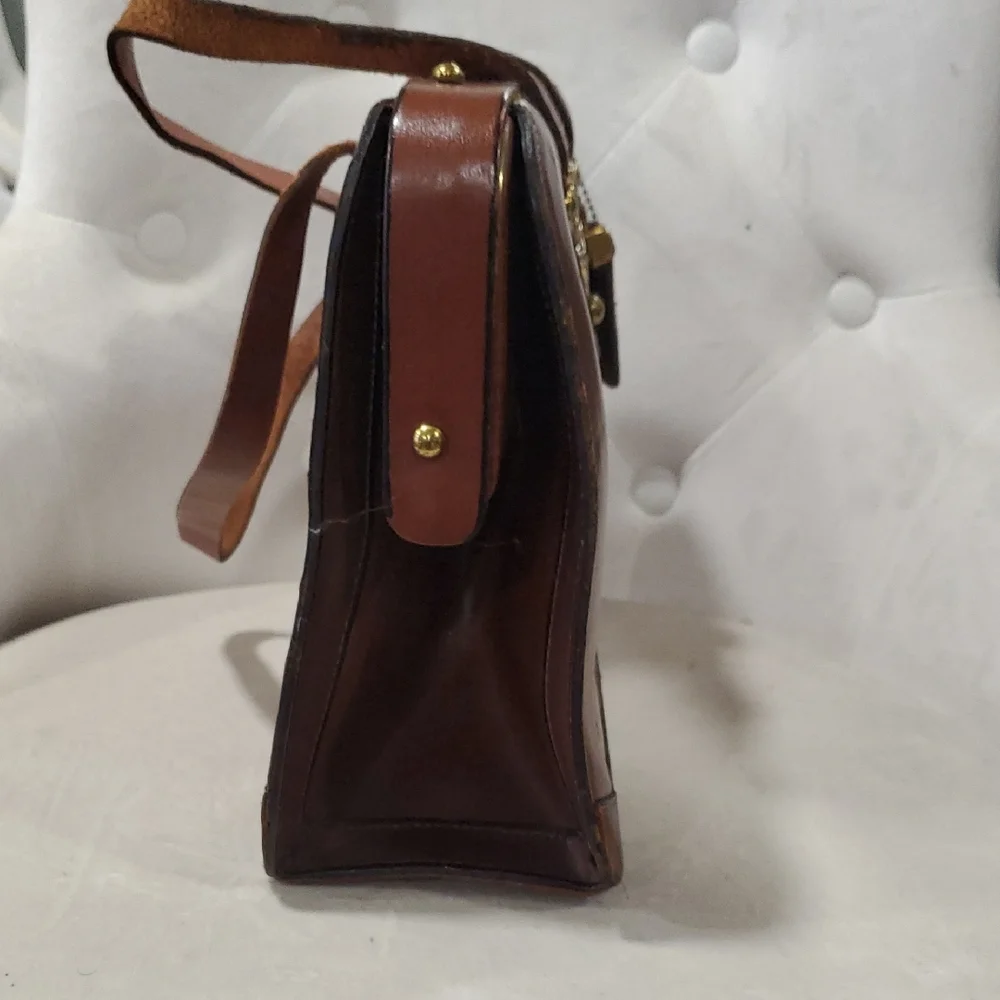 Vtg Burlington Elegant Leather Patchwork  Satchel Bag - Picture 5 of 17